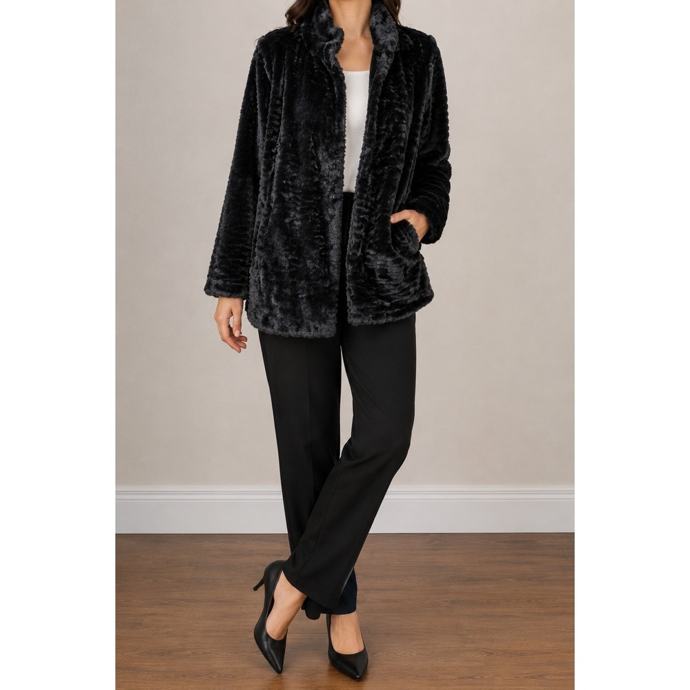 Black Faux Fur Jacket Coat Women 14 Warm Soft Retro Chic Minimalist Cozy Plush